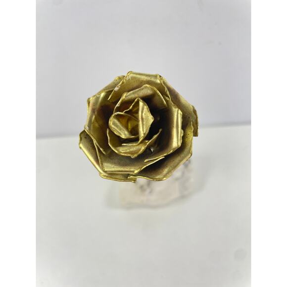 Vtg Metal Brass or Bronze Rose Brutalist Sculpture Mounted on Stone Base 9" - Picture 2 of 5